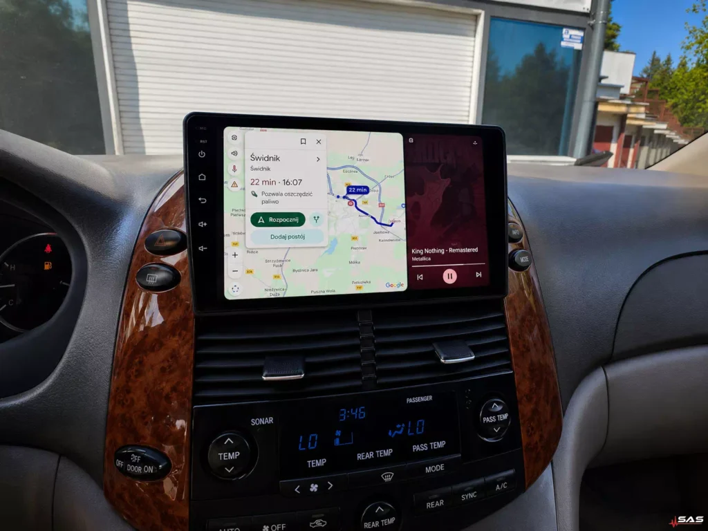 Toyota Sienna Android radio displaying Google Maps navigation and Spotify