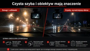 Clean windscreen and dash cam lens reduce glare and streaks at night