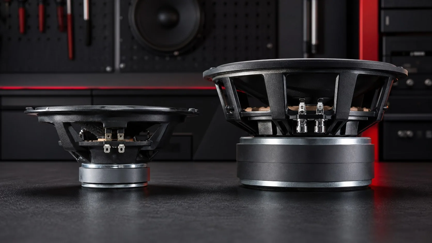 Comparison of a lightweight factory speaker and a robust aftermarket car speaker