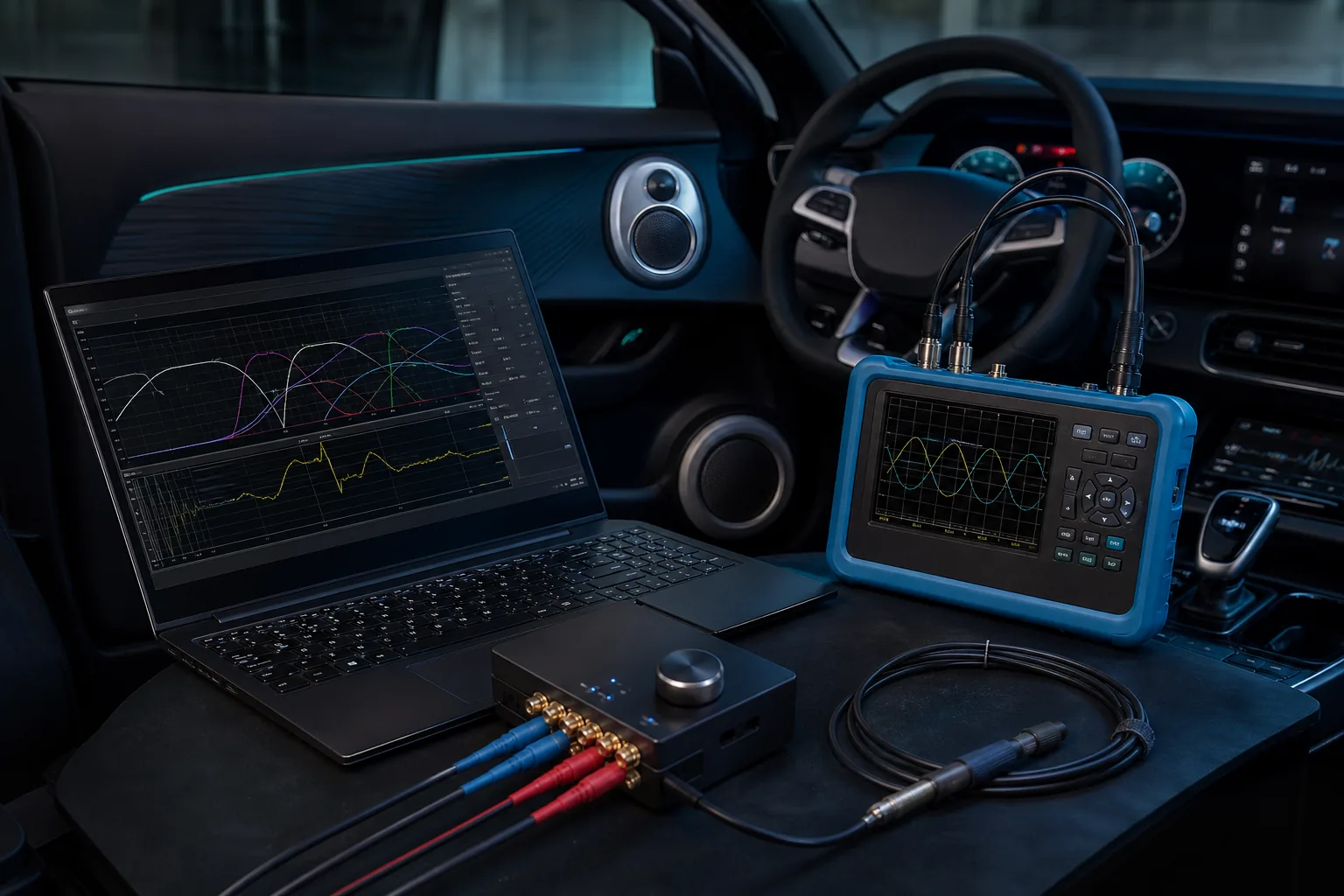 Urządzenia pomiarowe i komputer podczas strojenia DSP car audio