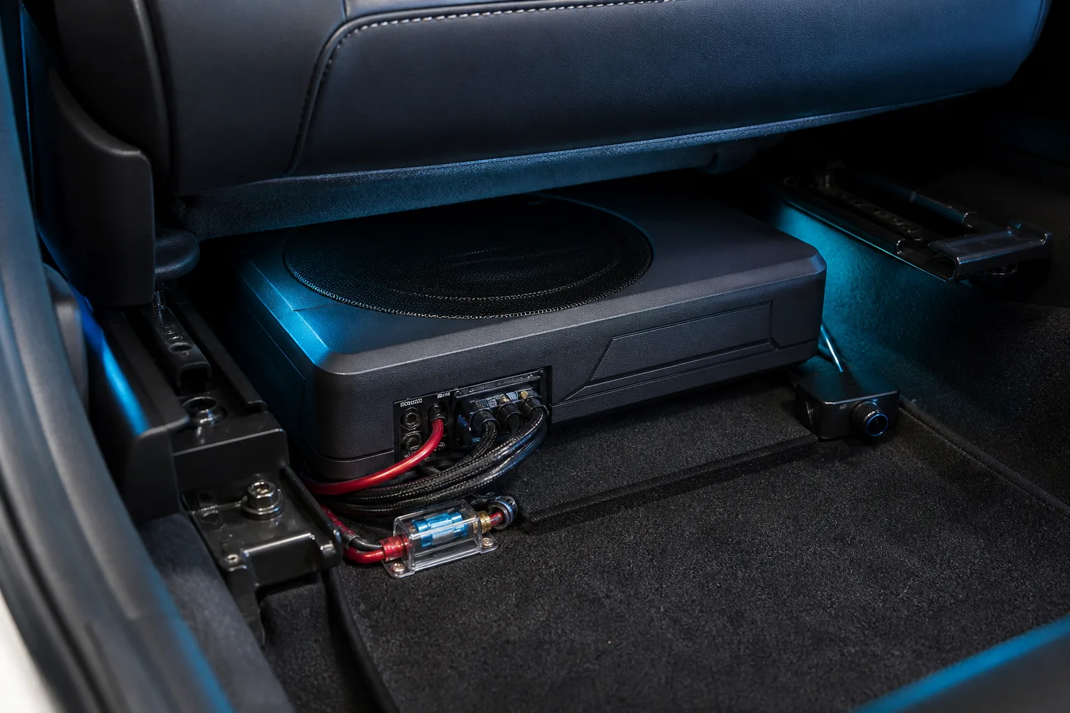 Kompaktowy subwoofer aktywny zamontowany pod fotelem samochodu