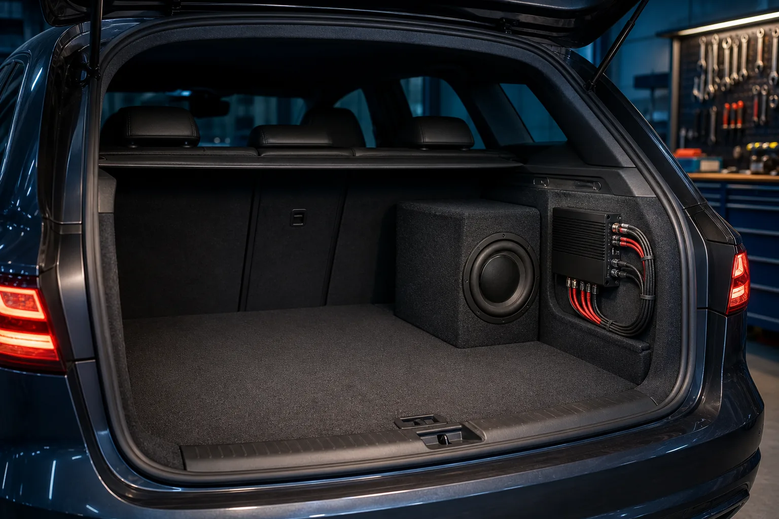 Subwoofer pasywny i osobny wzmacniacz zamontowane w bagażniku