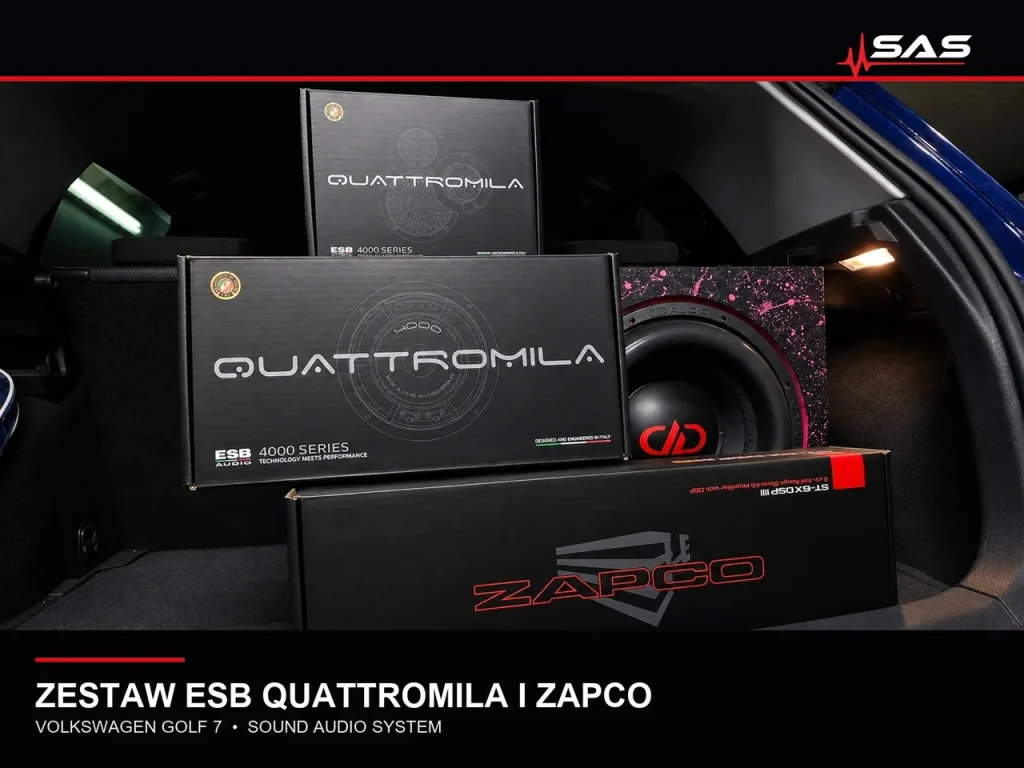 Komponenty ESB Quattromila i Zapco przygotowane do montażu w Volkswagenie Golf 7