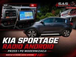 Graficzne zestawienie fabrycznego radia i nowej stacji multimedialnej w samochodzie.