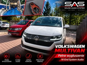 Wnętrze samochodu z wyklejoną matami podłogą oraz widoczne elementy zabudowy słupków, Volkswagen Multivan T6.1.