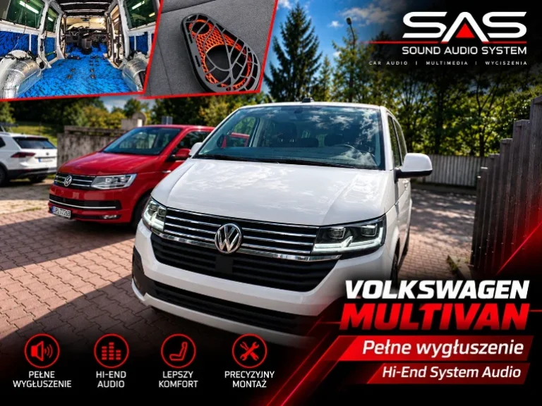 Wnętrze samochodu z wyklejoną matami podłogą oraz widoczne elementy zabudowy słupków, Volkswagen Multivan T6.1.