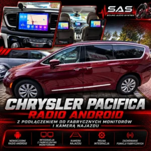 Widok na deskę rozdzielczą Chrysler Pacifica z zamontowanym nowym radiem z systemem Android oraz zintegrowanymi monitorami w zagłówkach.